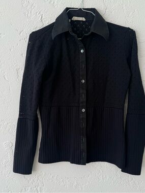 Women’s Black Button-Down Knit Shirt with Contrast Collar